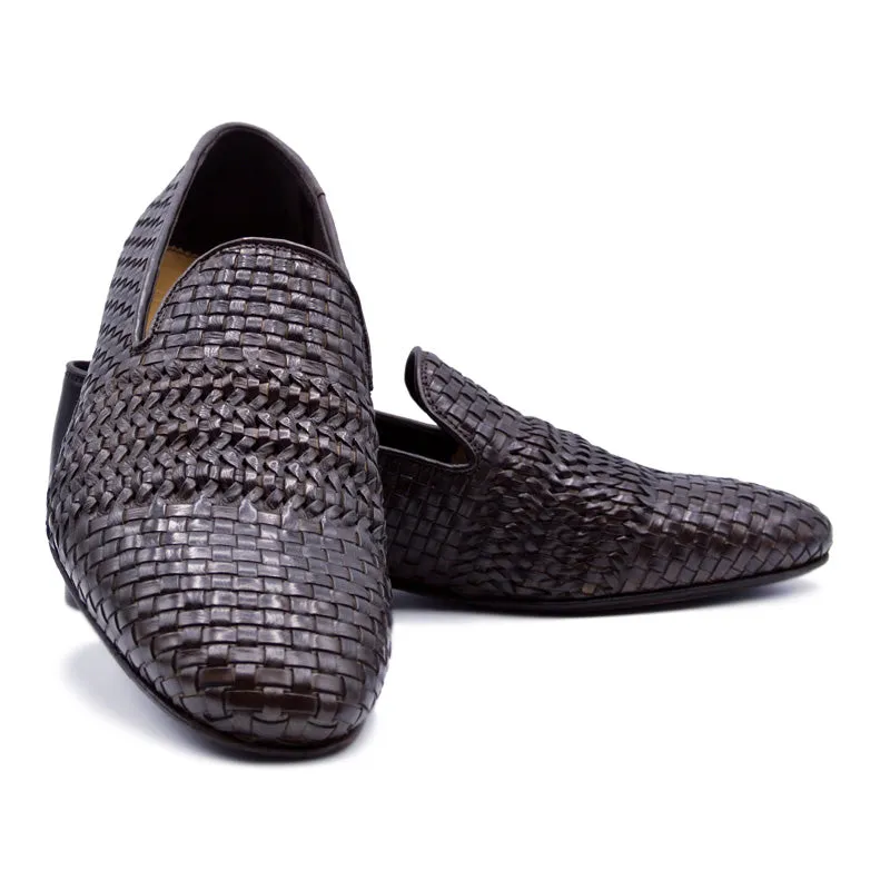 19-229-DBR LUCE Italian Calfskin Woven Loafer, Dark Brown