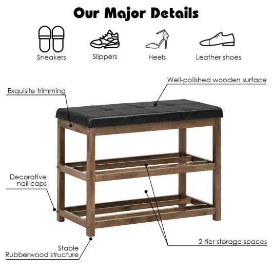 2-Tier Wooden Shoe Rack Bench with Padded Seat-Brown