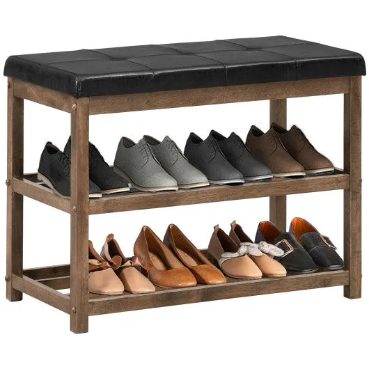 2-Tier Wooden Shoe Rack Bench with Padded Seat-Brown