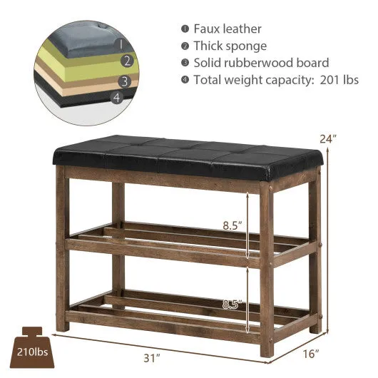 2-Tier Wooden Shoe Rack Bench with Padded Seat-Brown