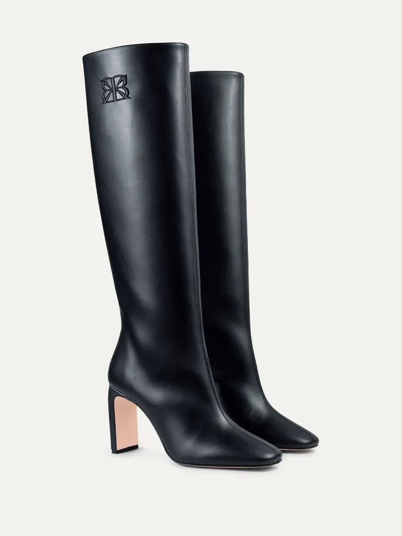 8.30AM Cactus Leather Vegan High Knee Heeled Boots | Black