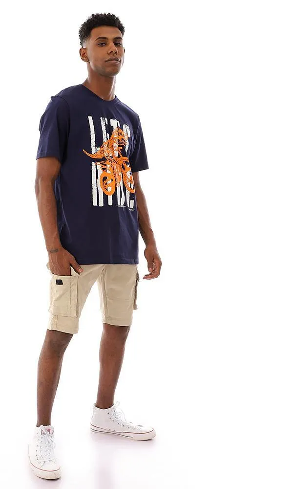 95499 Half Sleeves Cotton Navy Blue Printed T-Shirt