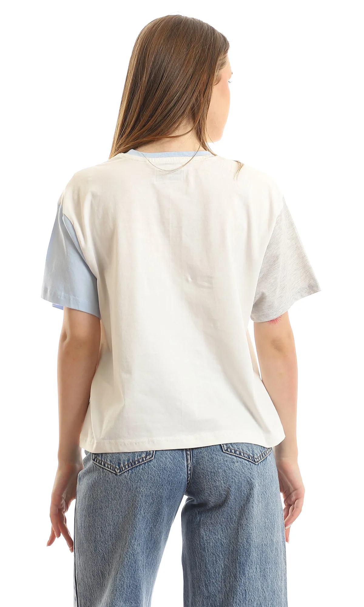 97240 Heather Grey & Baby Blue Short Sleeves Cotton White T-Shirt