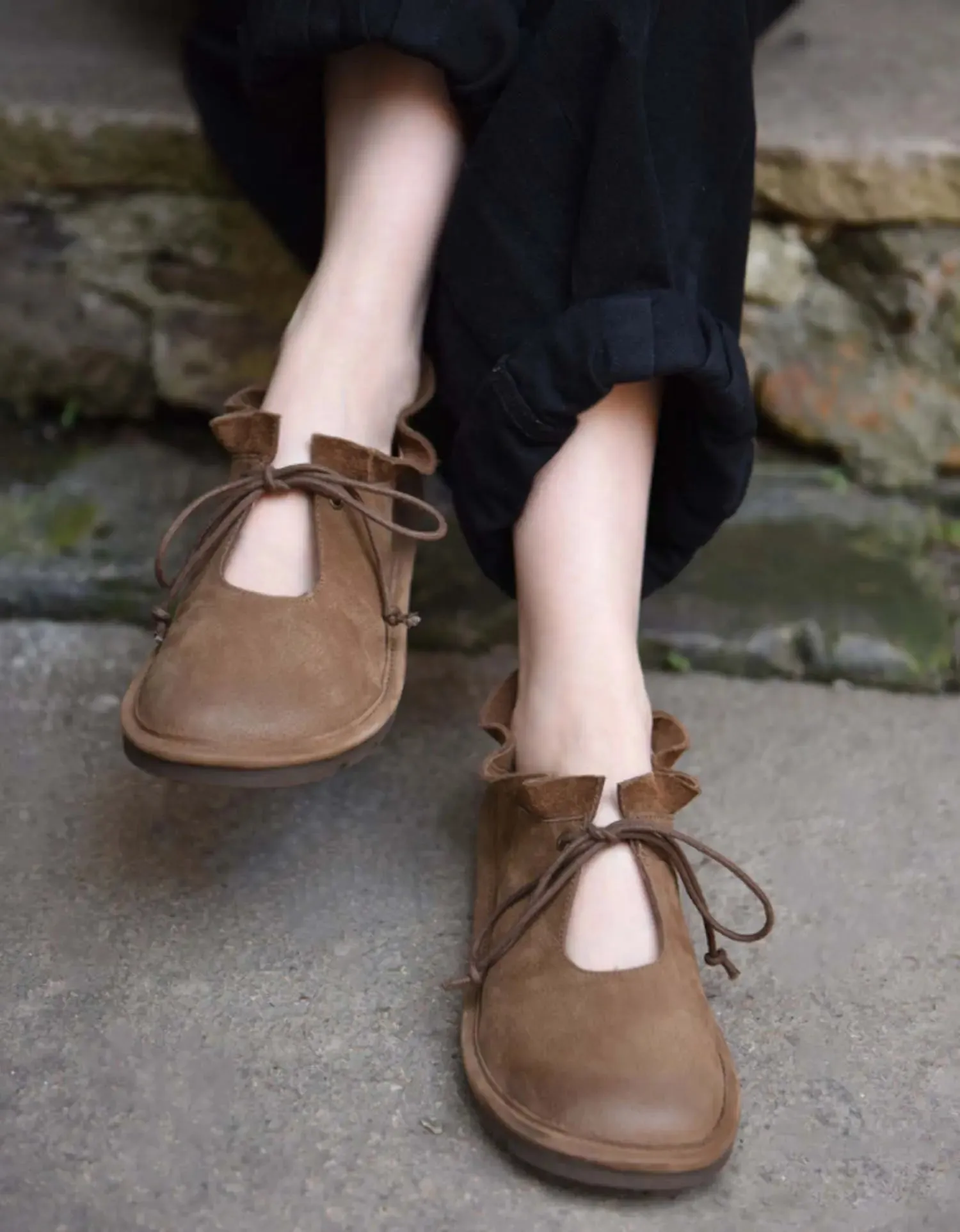 Ankle Lace-up Soft Leather Flats