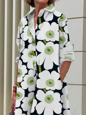 Art Floral Print Casual Loose Long Sleeve Shirt Dress