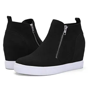 Athlefit Women's Hidden Wedge Sneakers Platform Booties Casual Shoes Wedgie Sneakers Size 6 Black