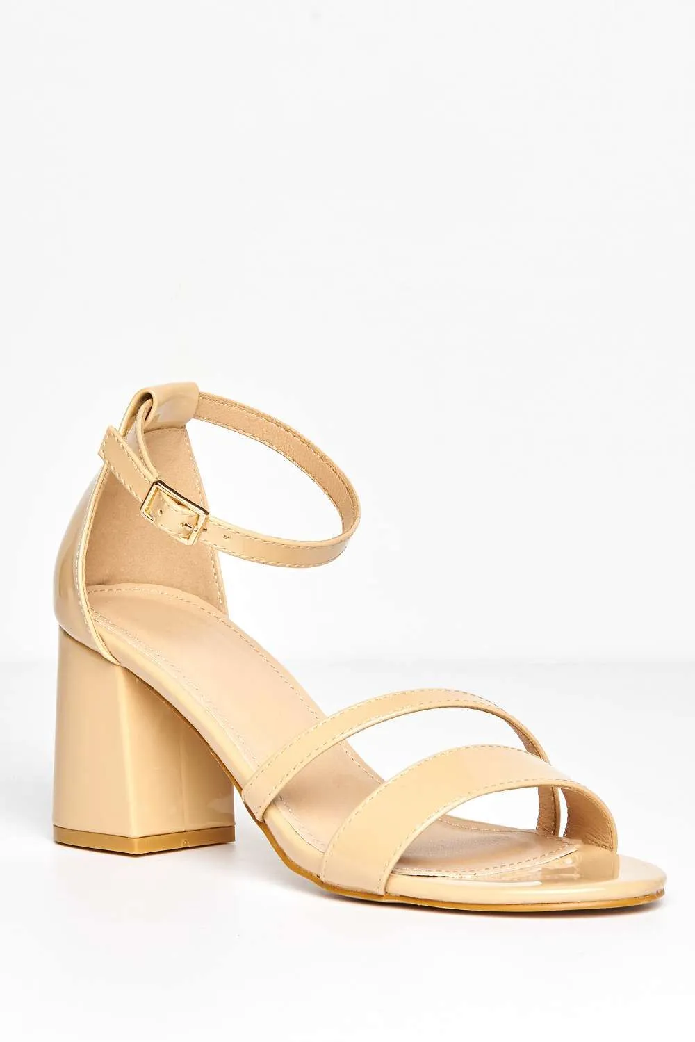 Aubrie Ankle Strap Block Heel Sandals in Nude Patent