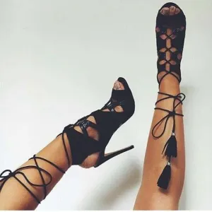 Black Ankle Strap Fringe Cutout Sandals