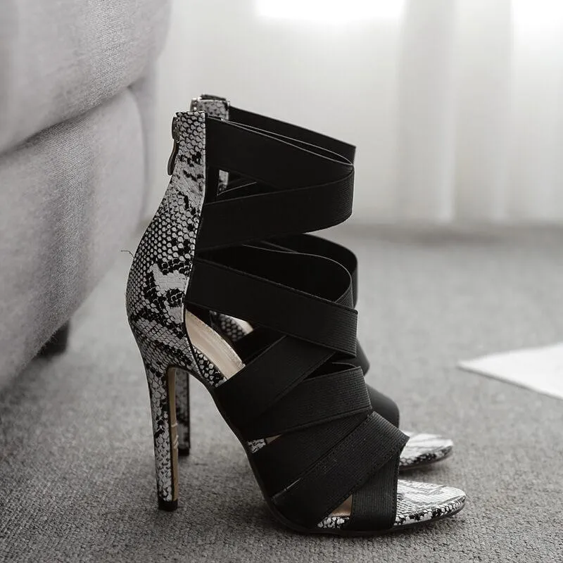 Black Snakeskin High Heel Cutout Sandals