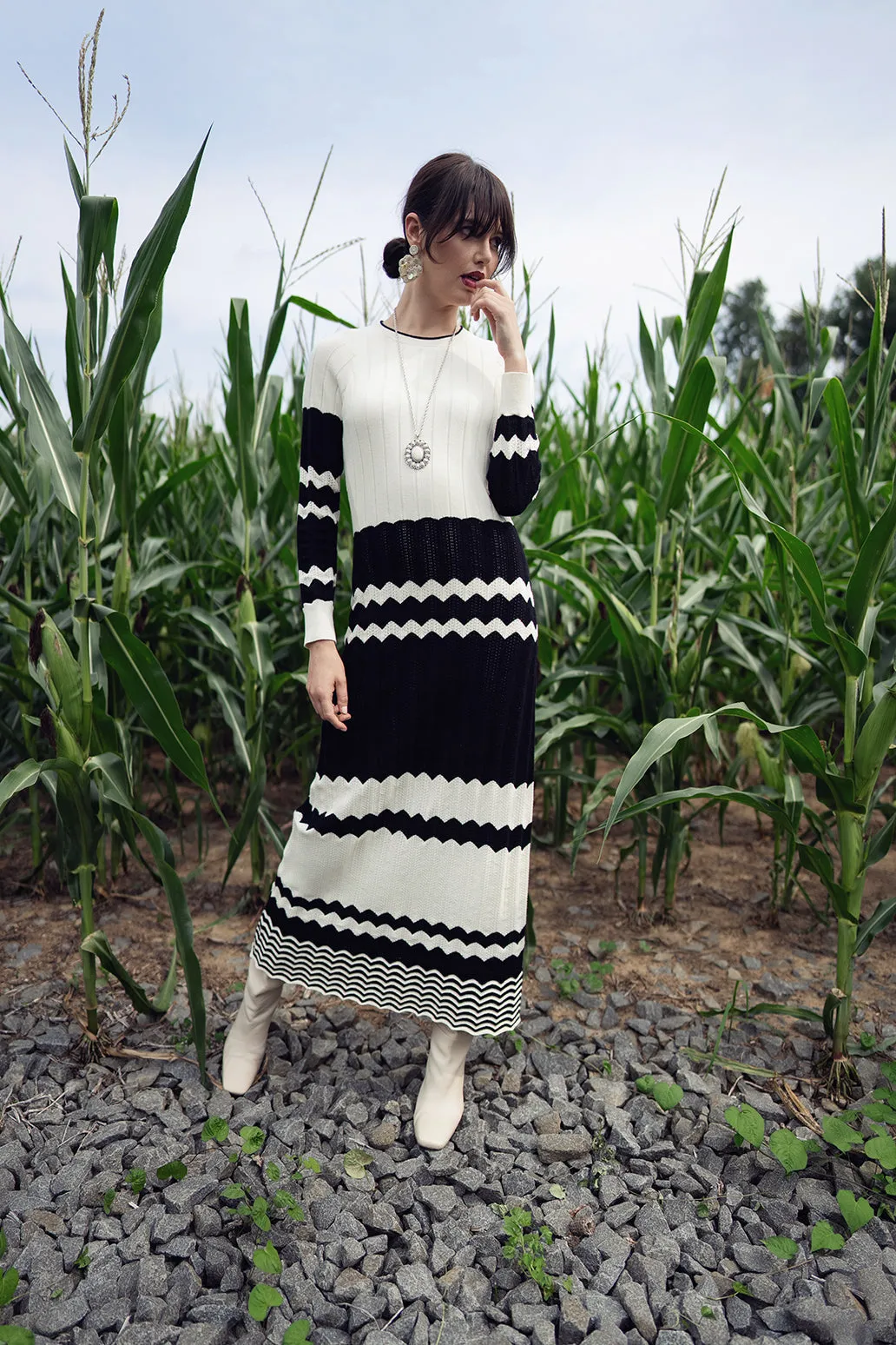 Bliss Knit Pointelle Dress Black & White