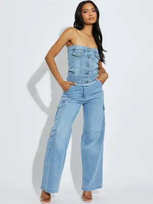 Blue Trendy Denim High Waist Wide Leg Cargo Trousers