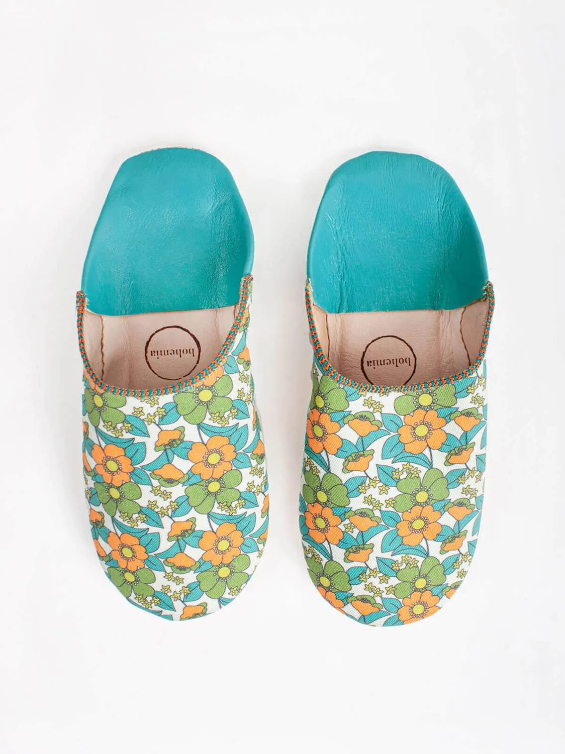 Bohemia Floral Fabric Babouche Slippers, Aqua Floral