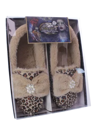 Brandwell Luxury Ladies Plush Moccasin Slippers Leopard Print 6-7