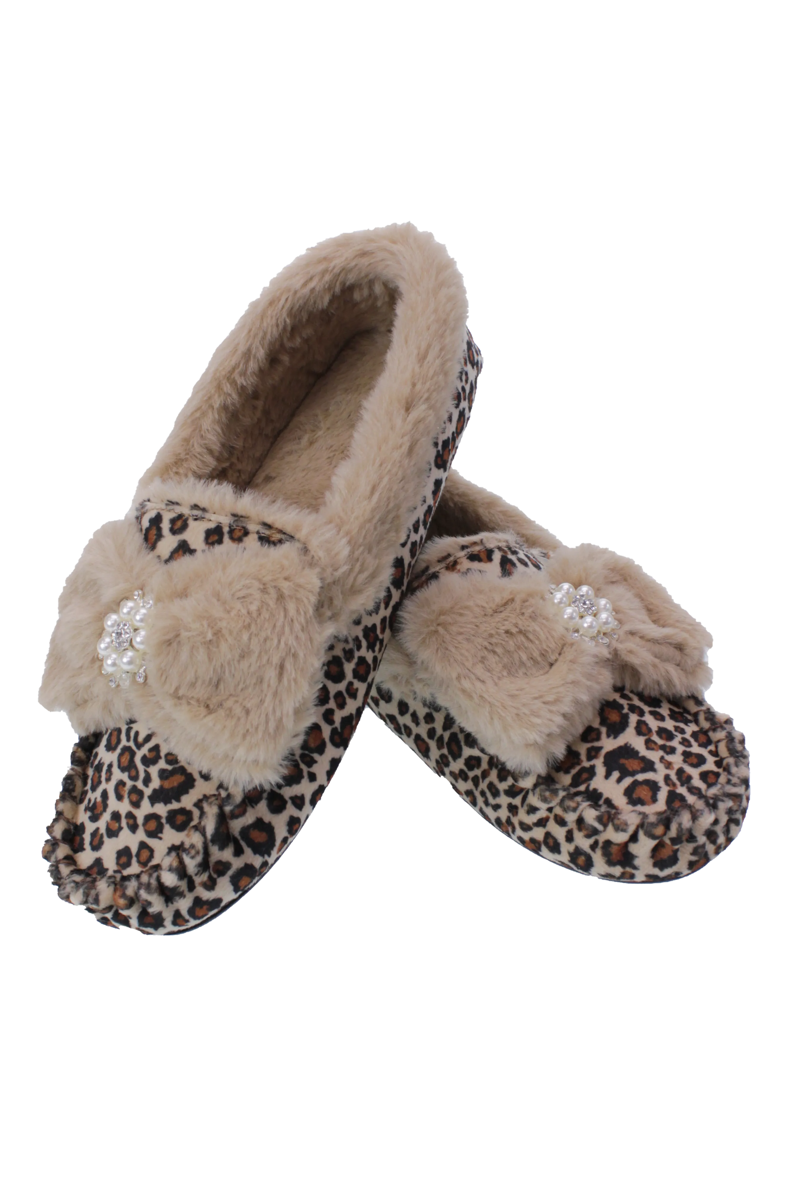 Brandwell Luxury Ladies Plush Moccasin Slippers Leopard Print 6-7