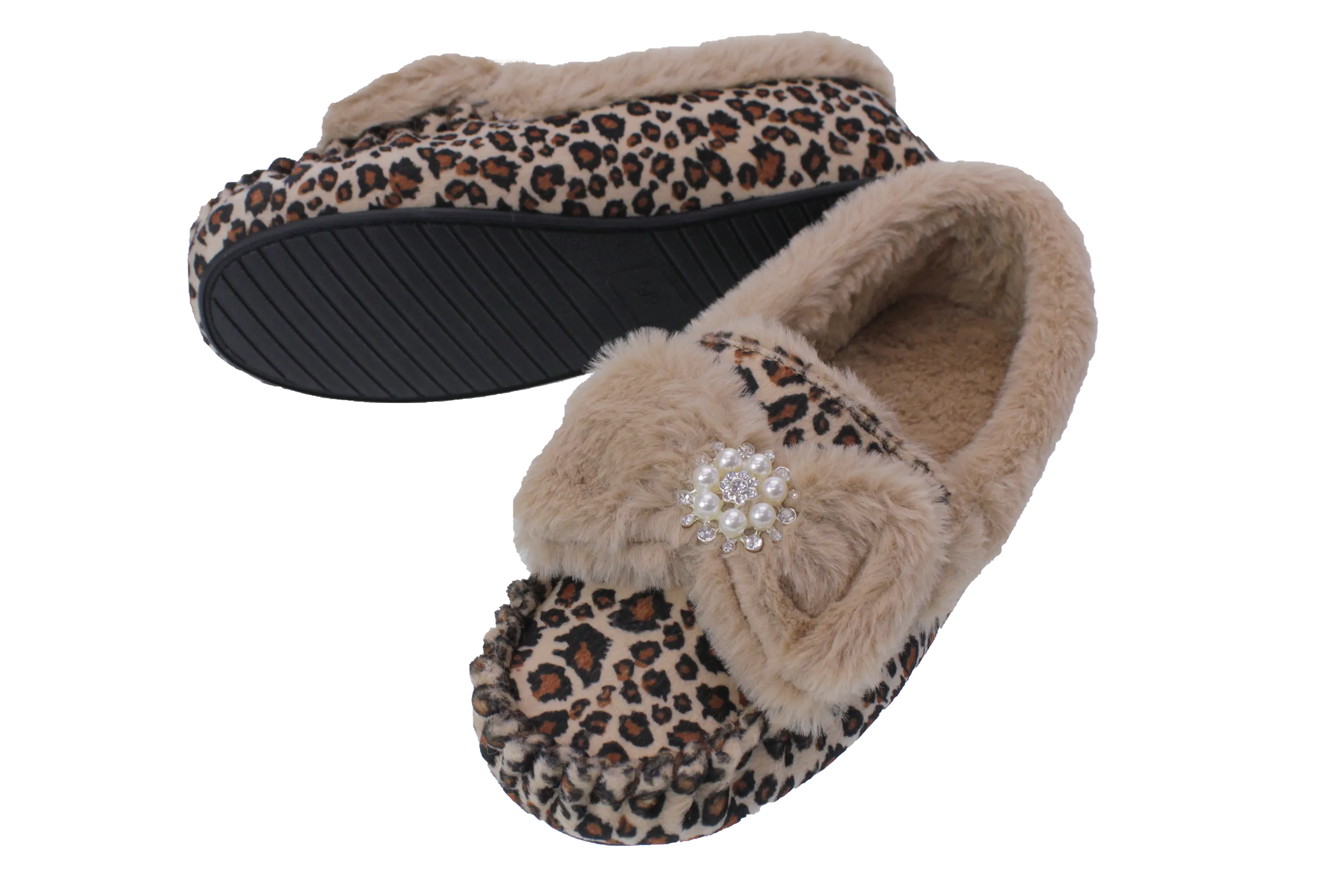 Brandwell Luxury Ladies Plush Moccasin Slippers Leopard Print 6-7