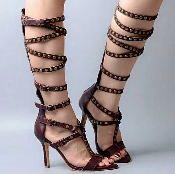 Brown Leather Buckle High Heel Knee High Sandals