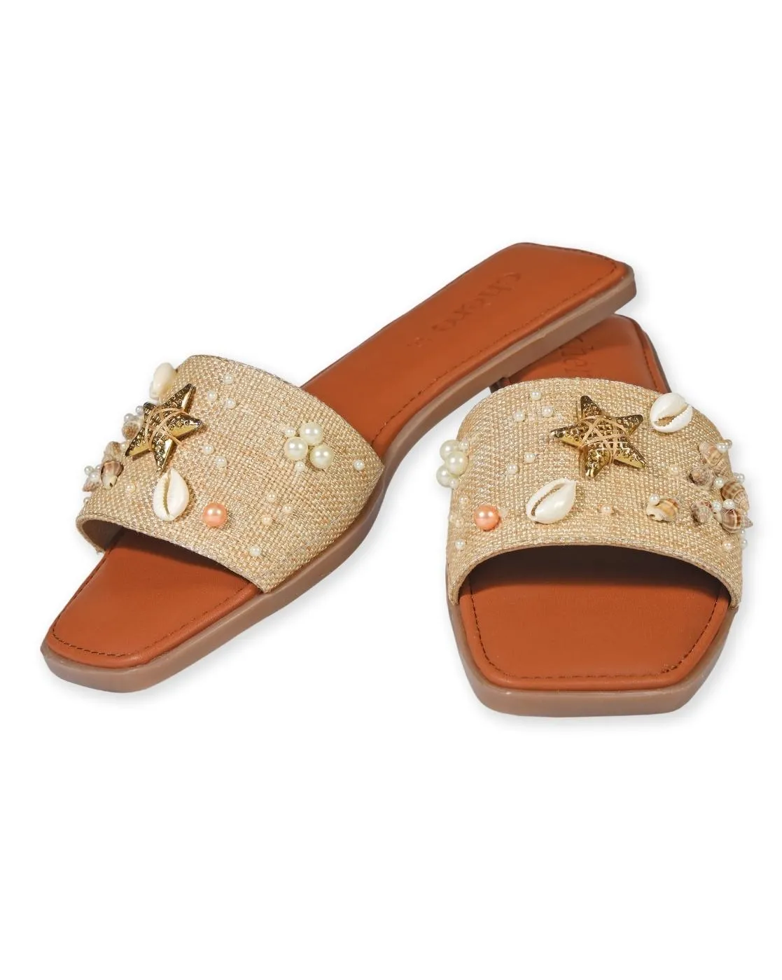 Brown Sea Shell Embellished Vacay Flats for Women