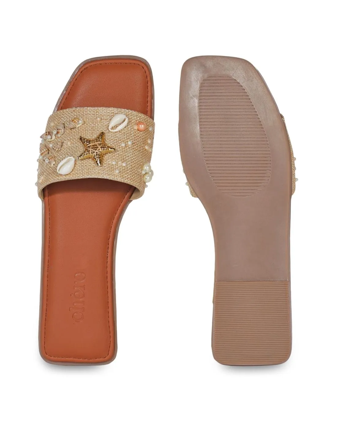 Brown Sea Shell Embellished Vacay Flats for Women