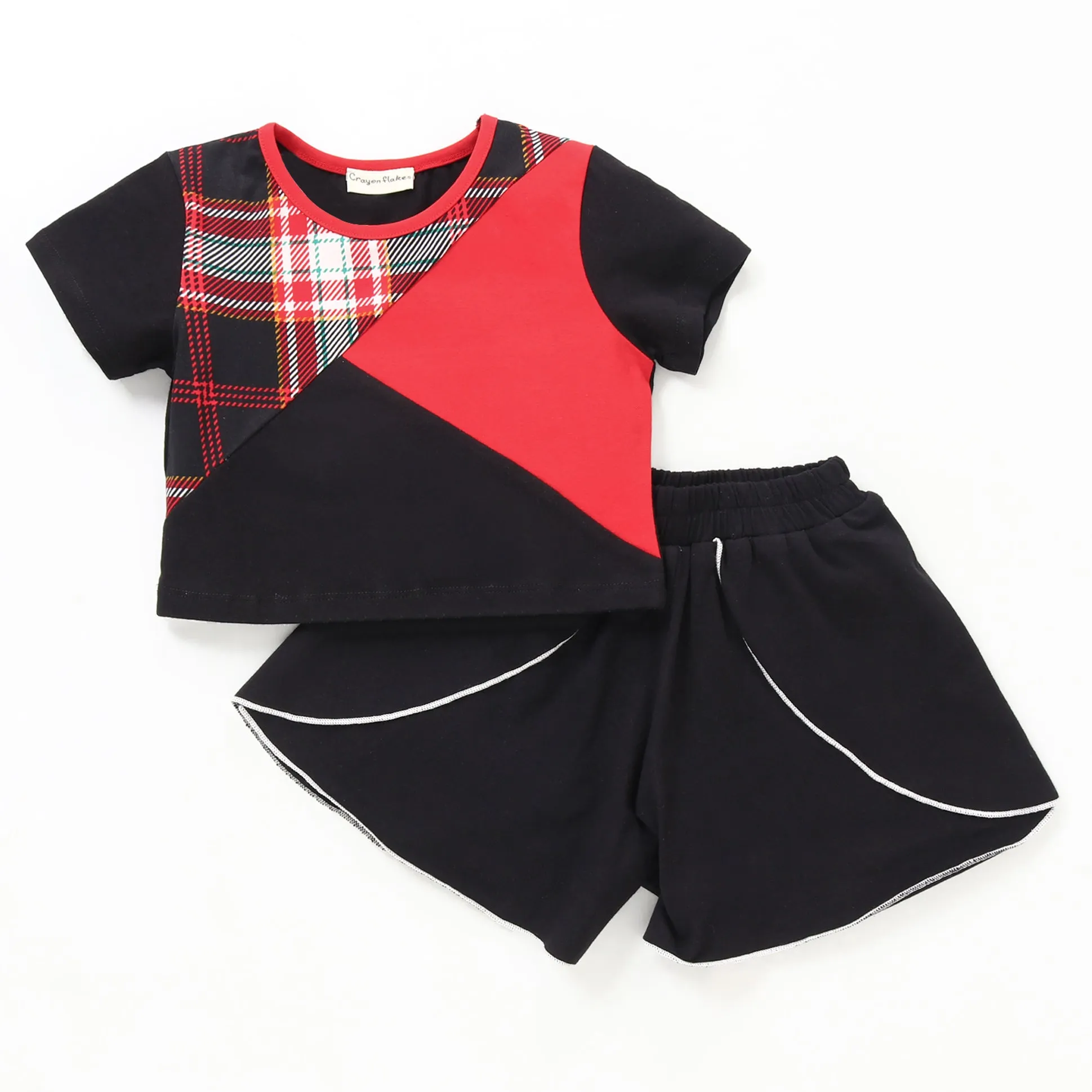 Checkered Color Block Top Frilled Short Set