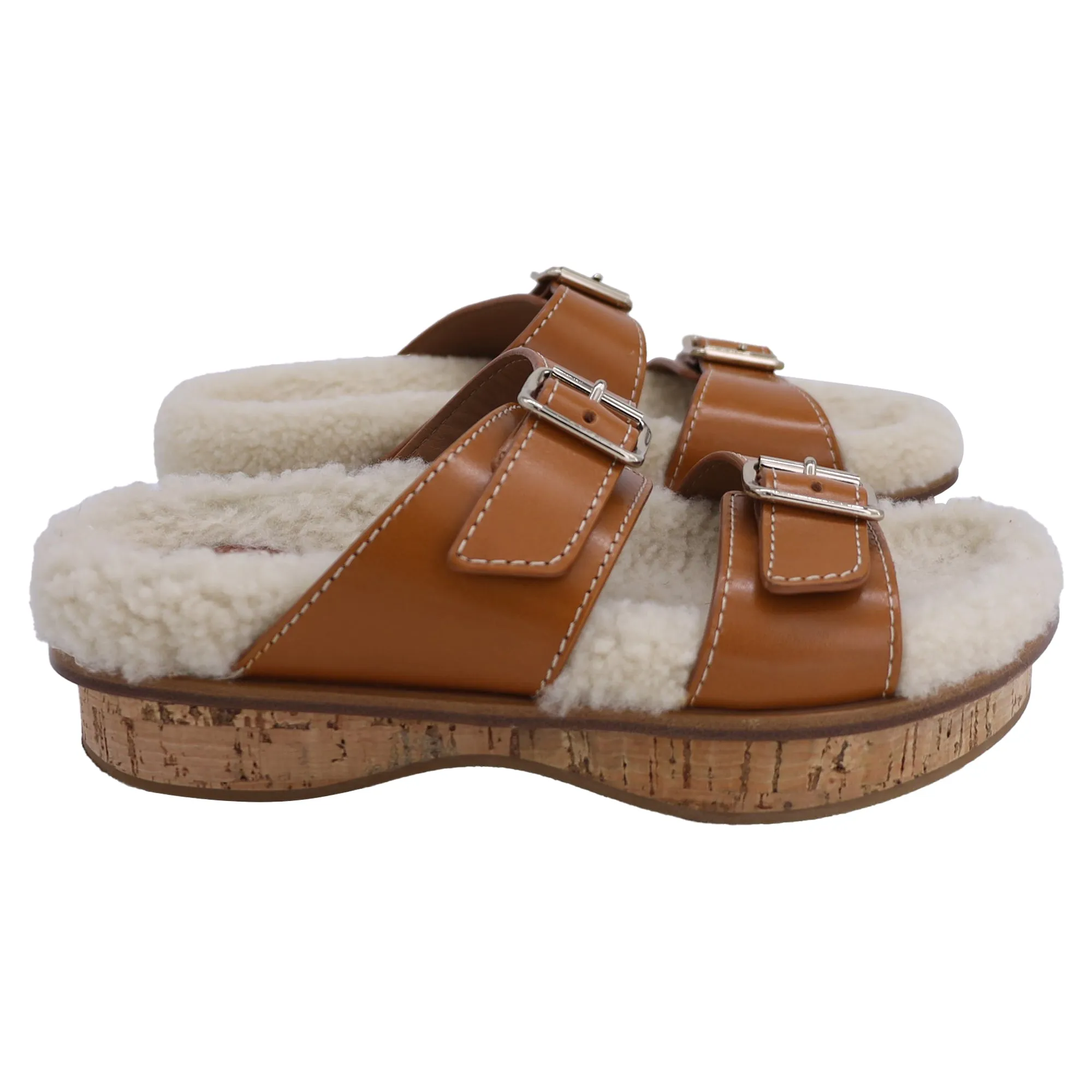 Chloe Marah Sandals in Brown and White Leather & Shearling