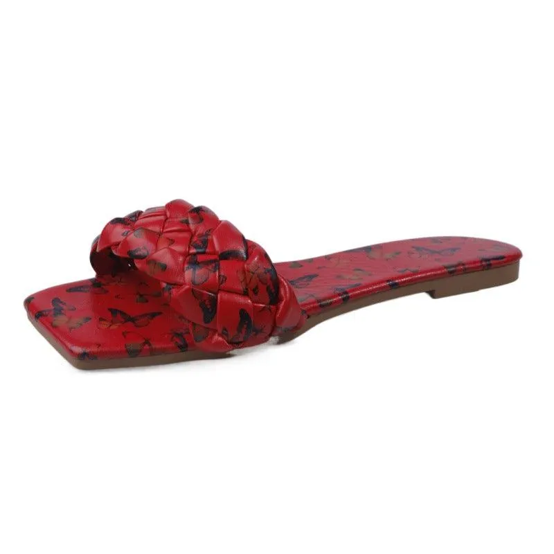 Classic Butterfly Printed Braid Strap Designed Slide - Red