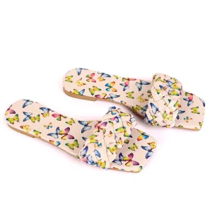 Classic Butterfly Printed Braid Strap Designed Slippers Brown