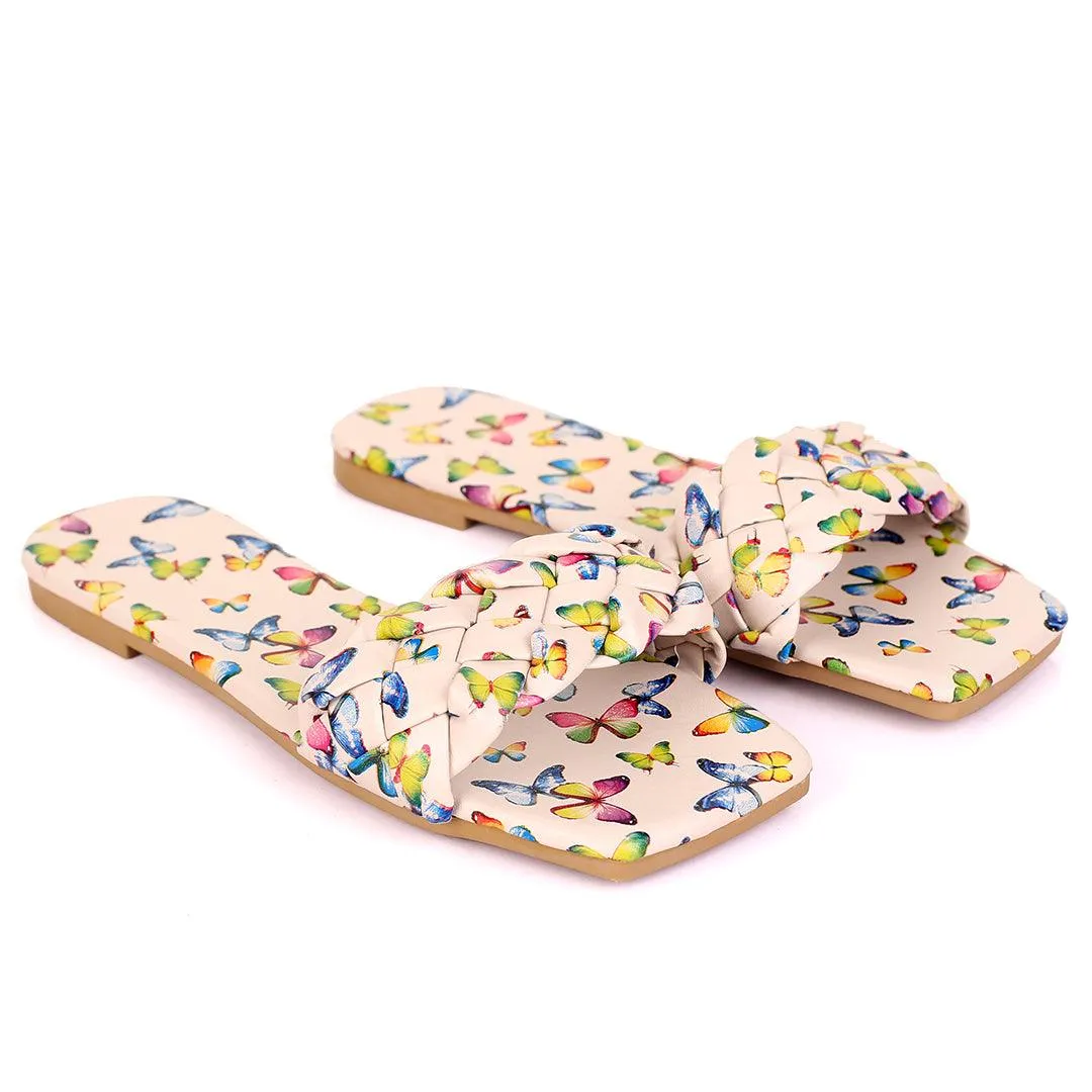 Classic Butterfly Printed Braid Strap Designed Slippers Brown