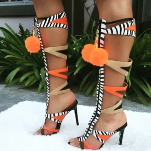 Cutout Embellished High Heel Knee High Sandals