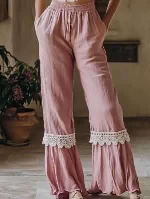 Designer Lace Trim Cotton and Linen Pink Wide-Leg Trousers