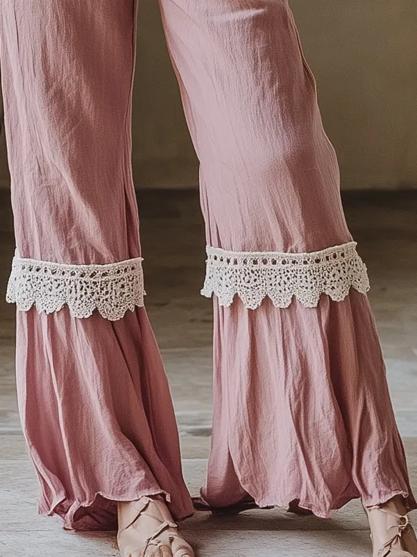 Designer Lace Trim Cotton and Linen Pink Wide-Leg Trousers