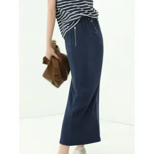 Elastic Drawcord Back-Slit Navy Skirt