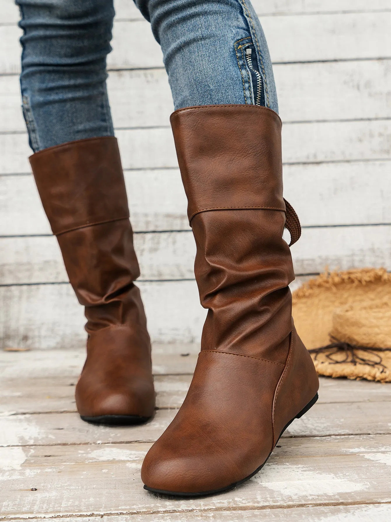 elveswallet Round toe back bow mid-calf boots