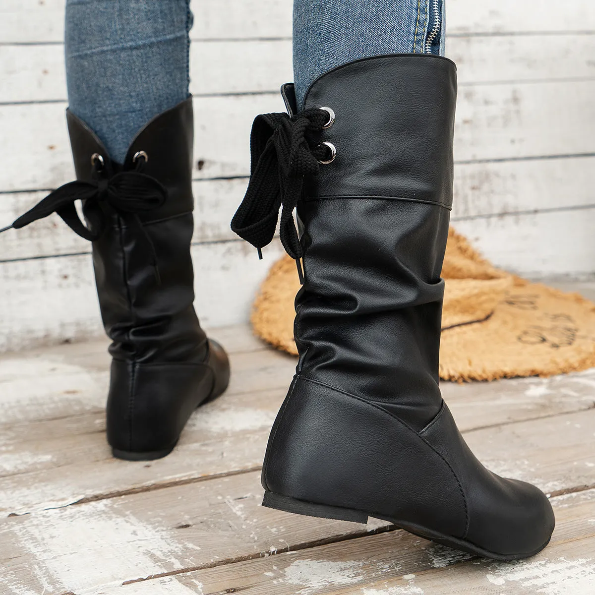 elveswallet Round toe back bow mid-calf boots