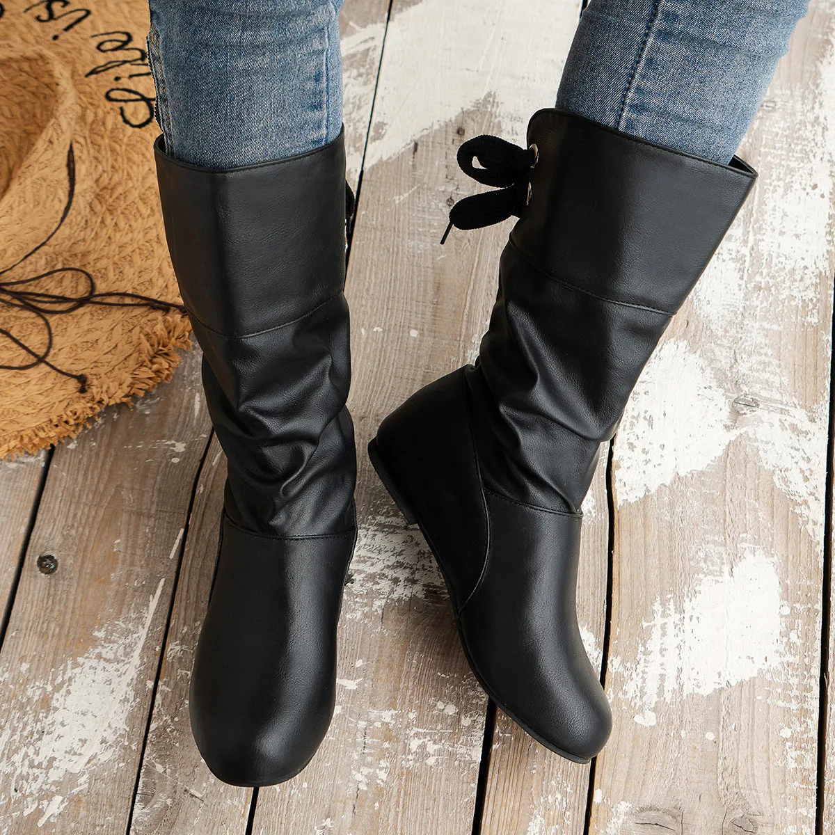 elveswallet Round toe back bow mid-calf boots