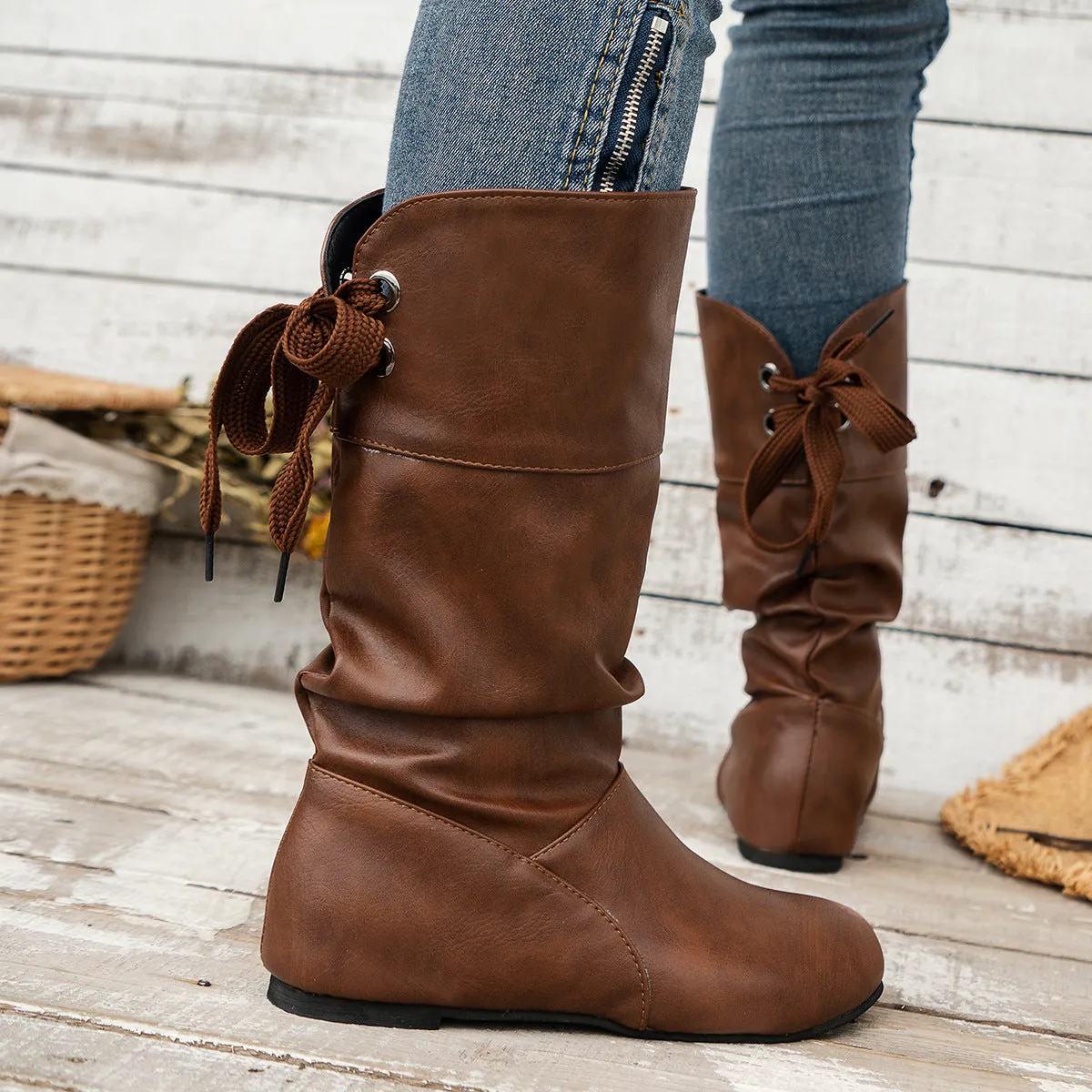 elveswallet Round toe back bow mid-calf boots