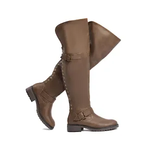 Faux Leather Brown Wide Calf Stylish Over The Knee Boots