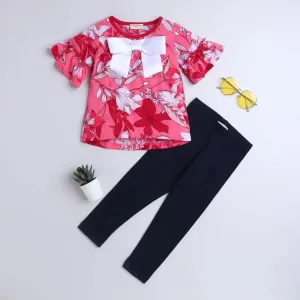 Floral Sleeves Frill Top Leggings Set