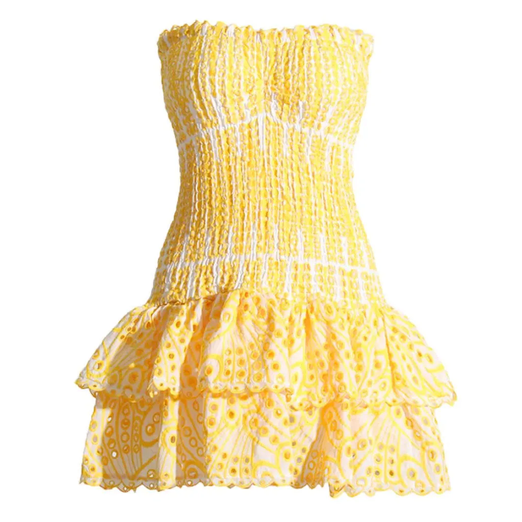 Flytonn- Sexy Scalloped Strapless Smocked Broderie Anglaise Tiered Ruffled Mini Dress