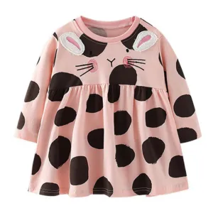 Full Sleeve Polka Dot Bunny Theme Girls Dress, Pink