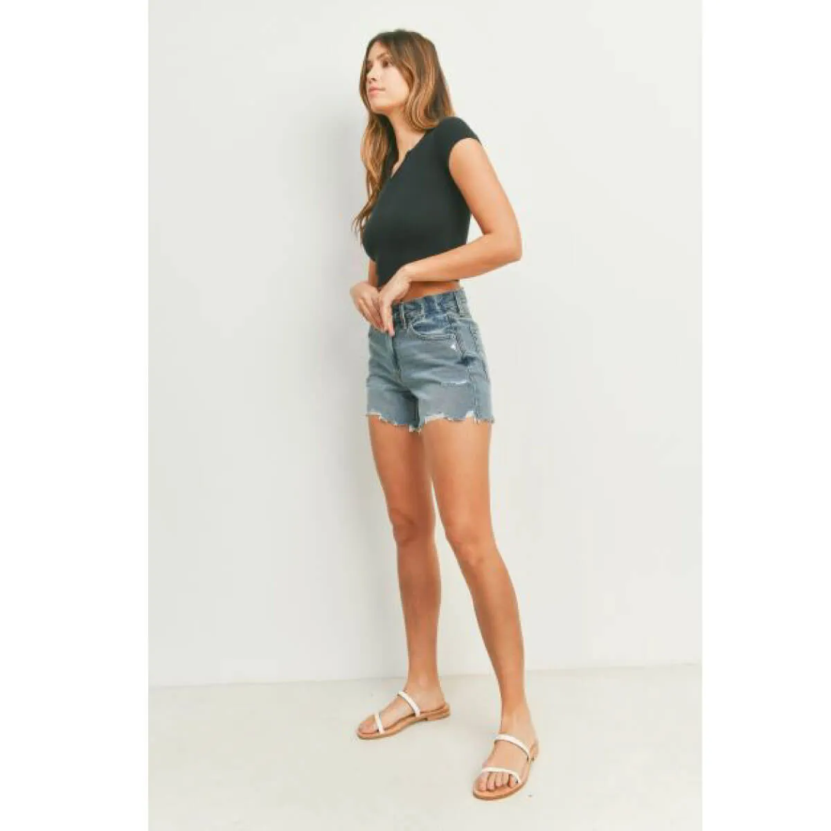 High Rise Distressed Denim Shorts