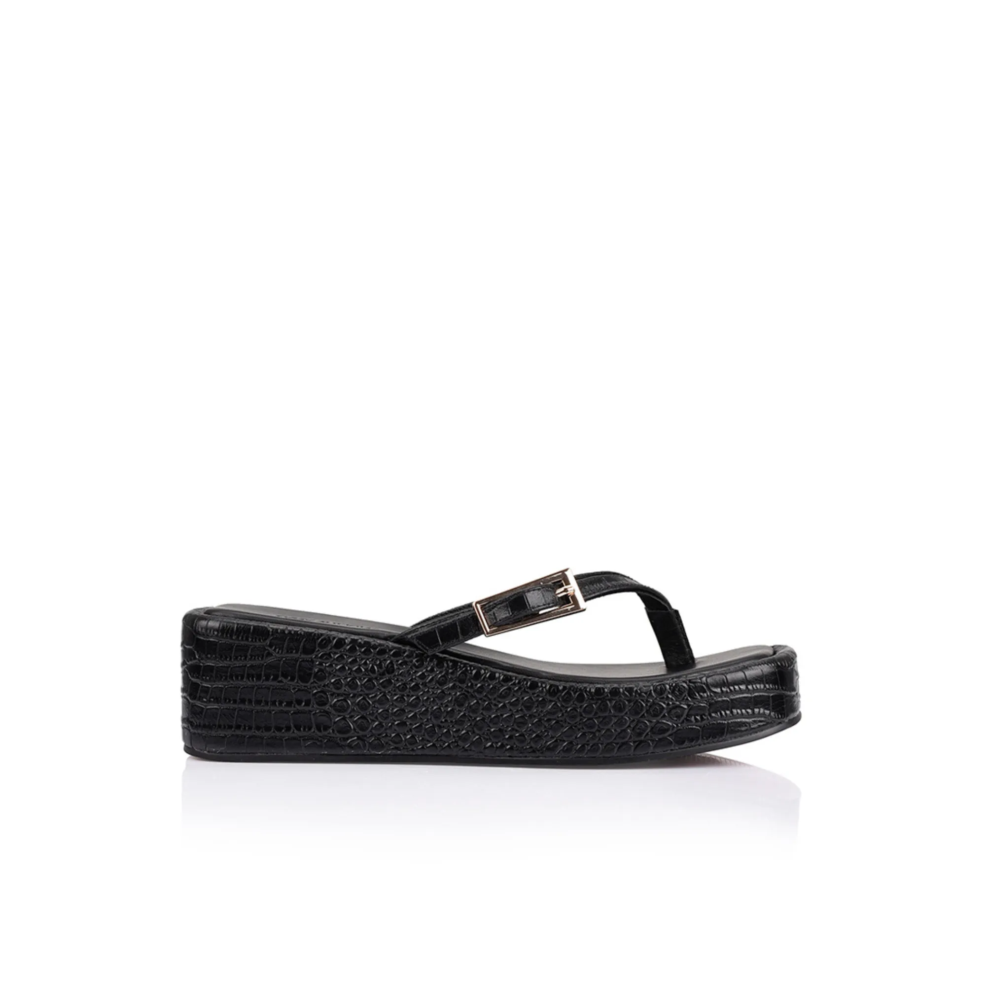 Jerri Sandal Black Croc-Embossed Leather