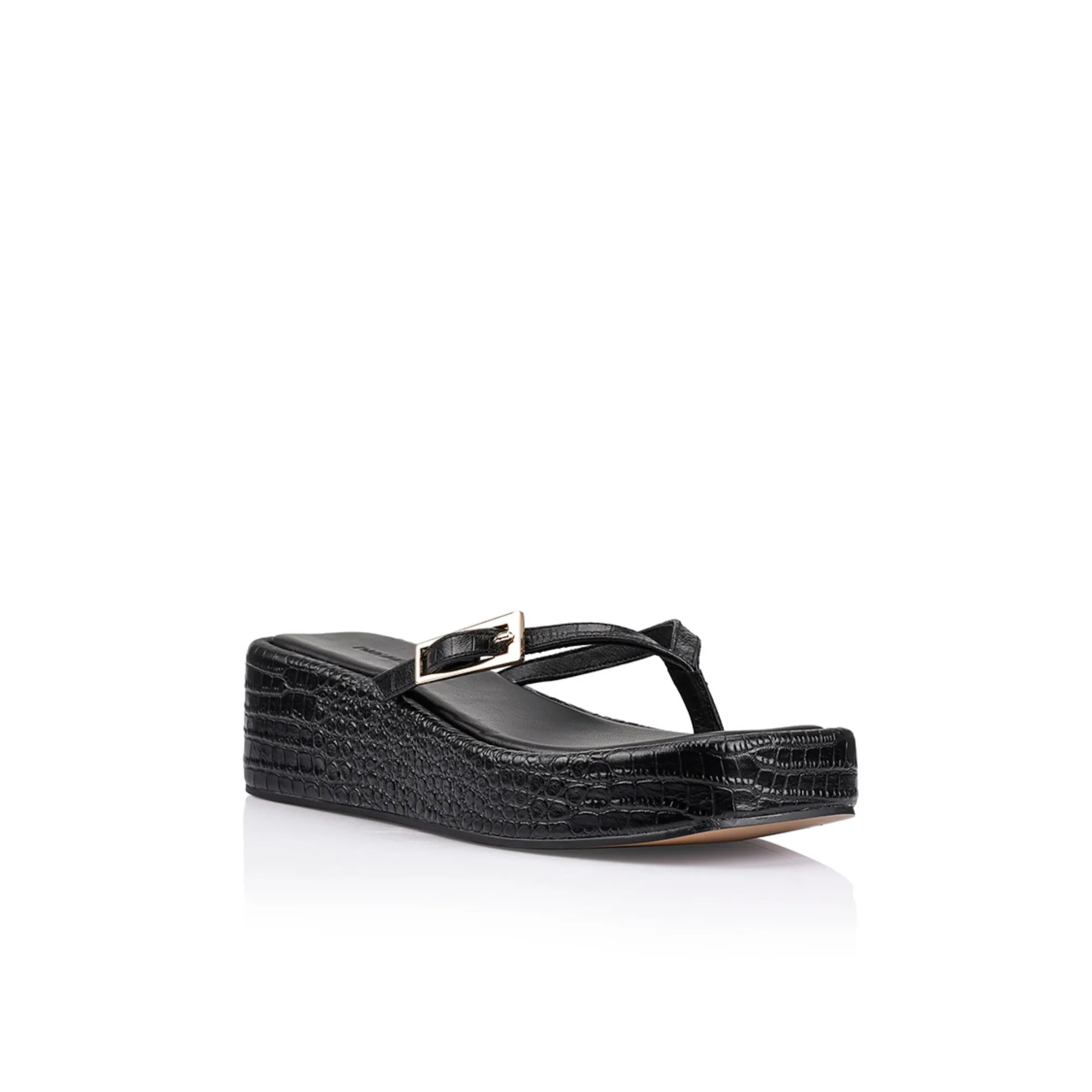 Jerri Sandal Black Croc-Embossed Leather