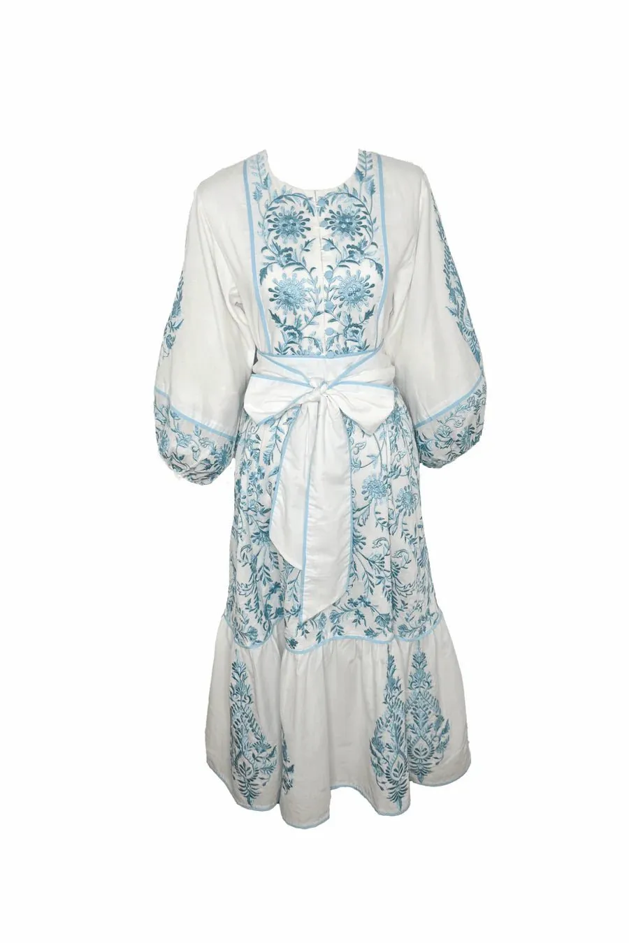 Jewel Neck Flounce in Ciel/ White Embroidered Sultan Floral