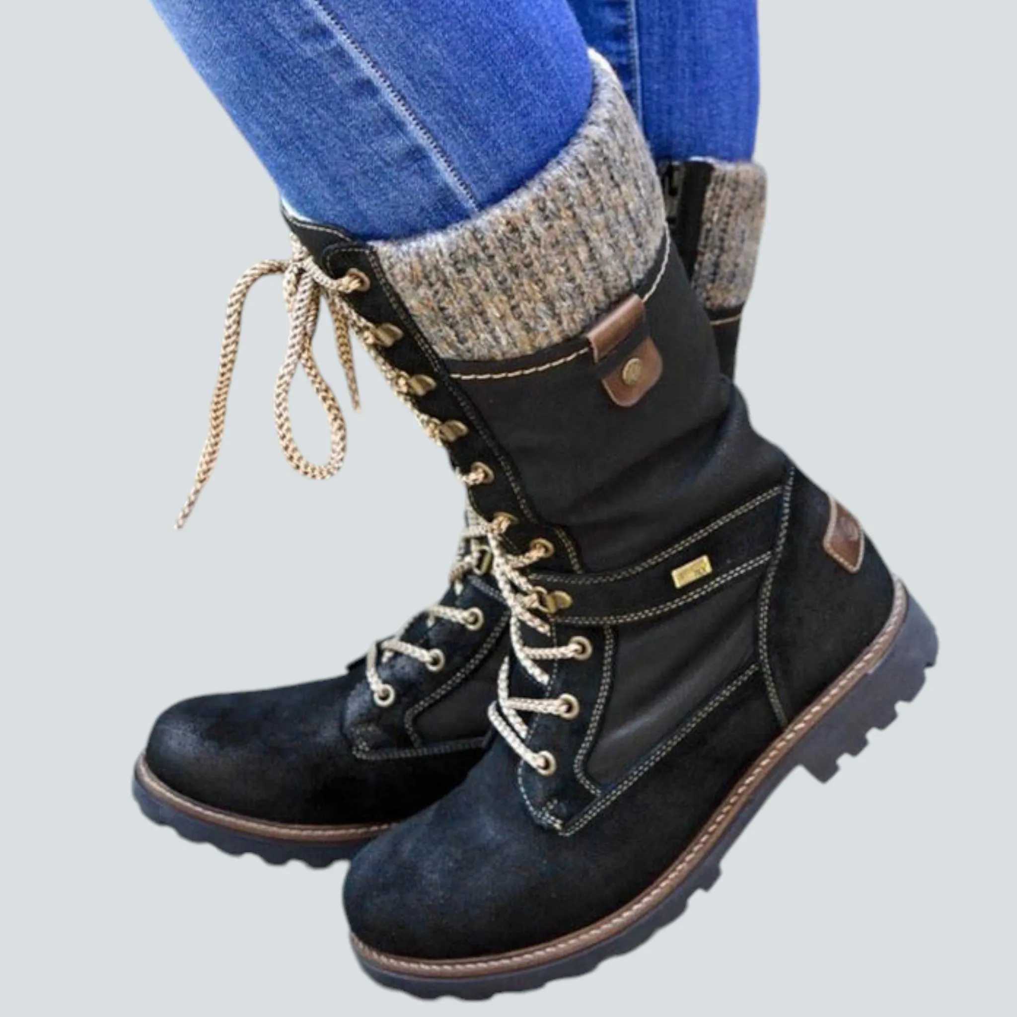 Knit-Cuff Lace-Up Boots