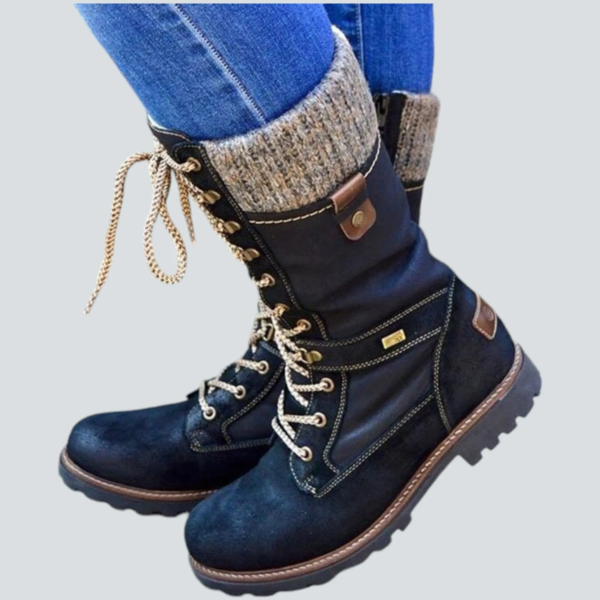 Knit-Cuff Lace-Up Boots