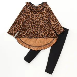 Leopard Frill High Low Top Leggings Set