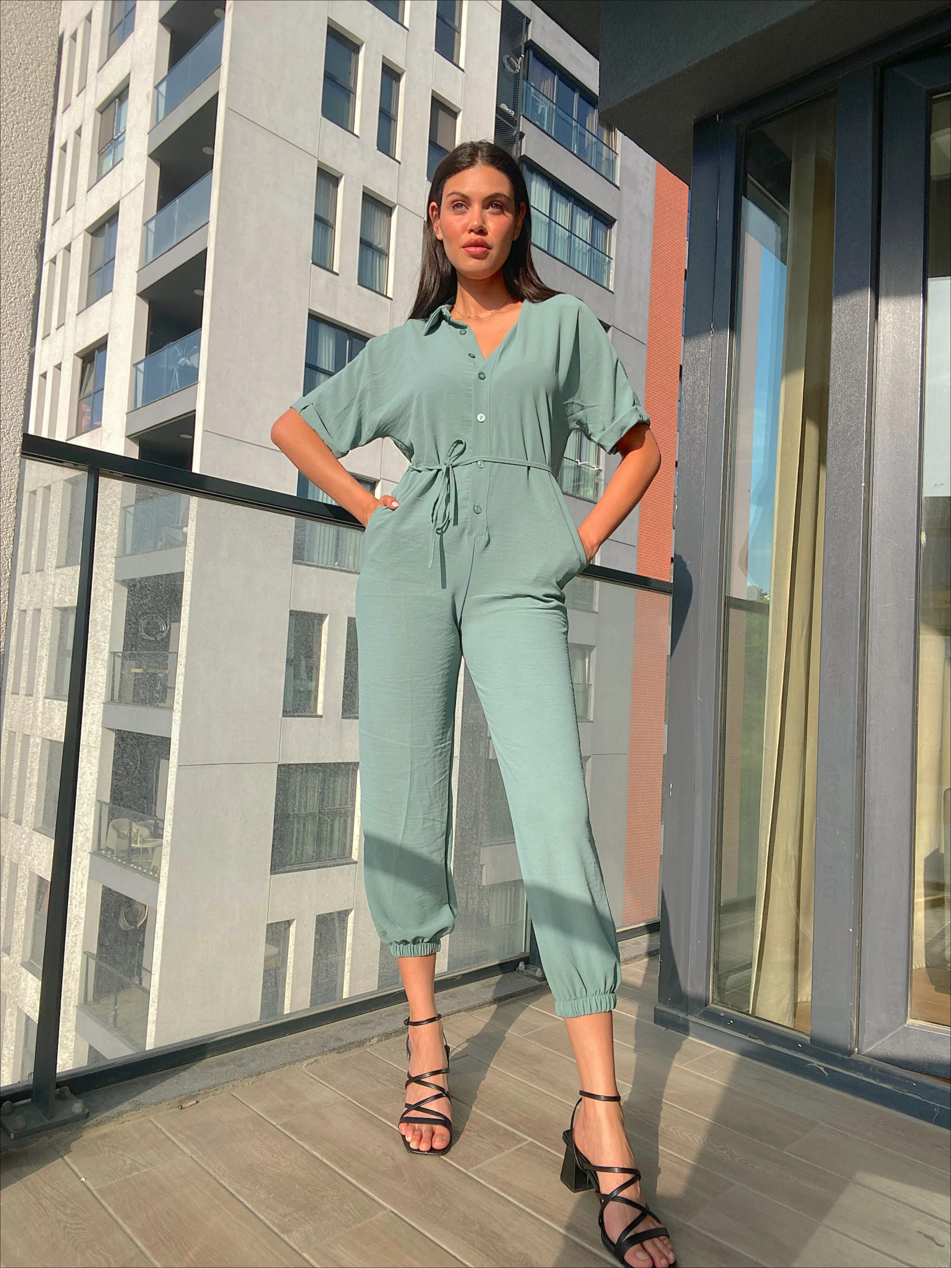 Light Green Belted Shirt Jumpsuit