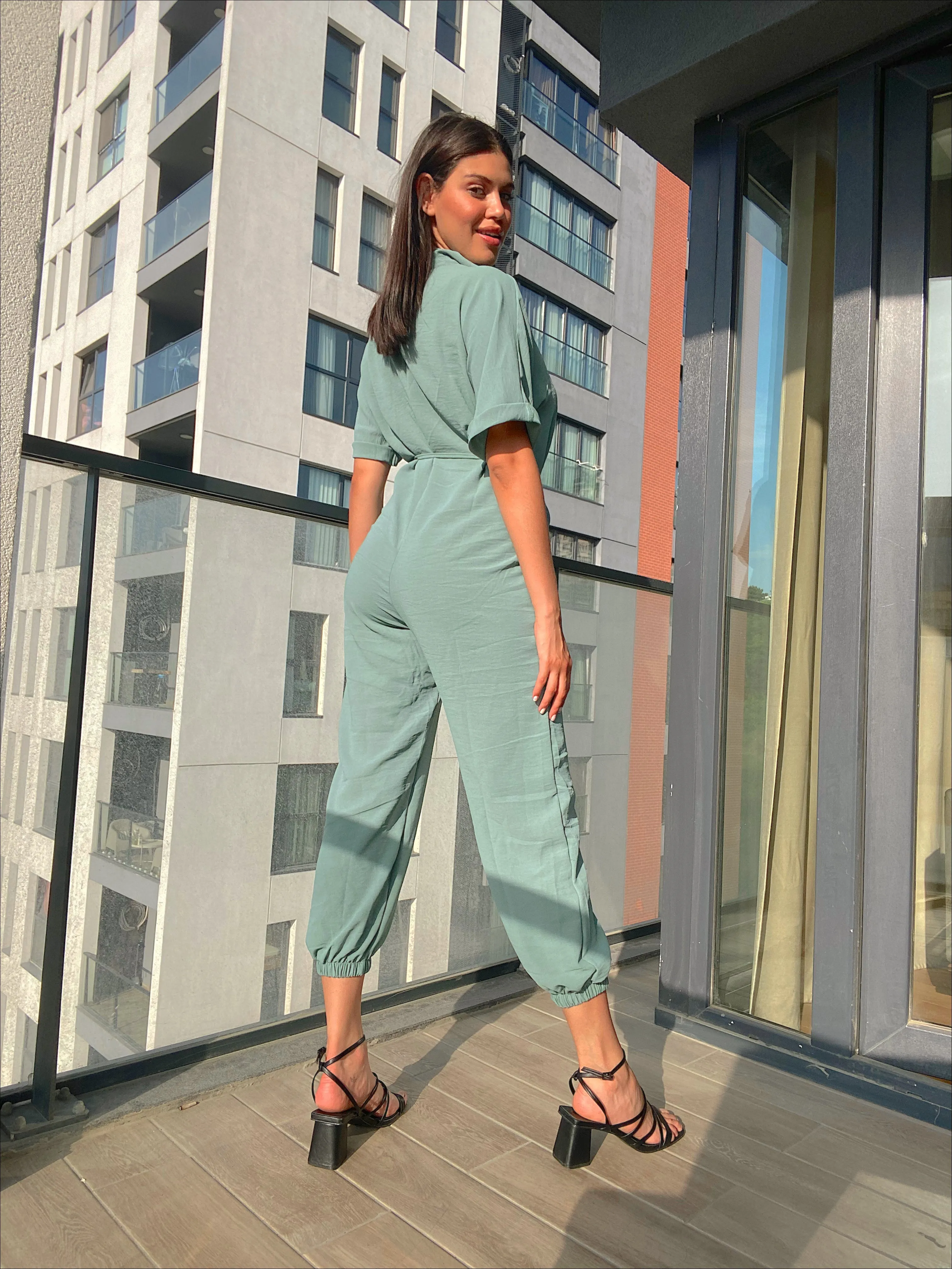 Light Green Belted Shirt Jumpsuit