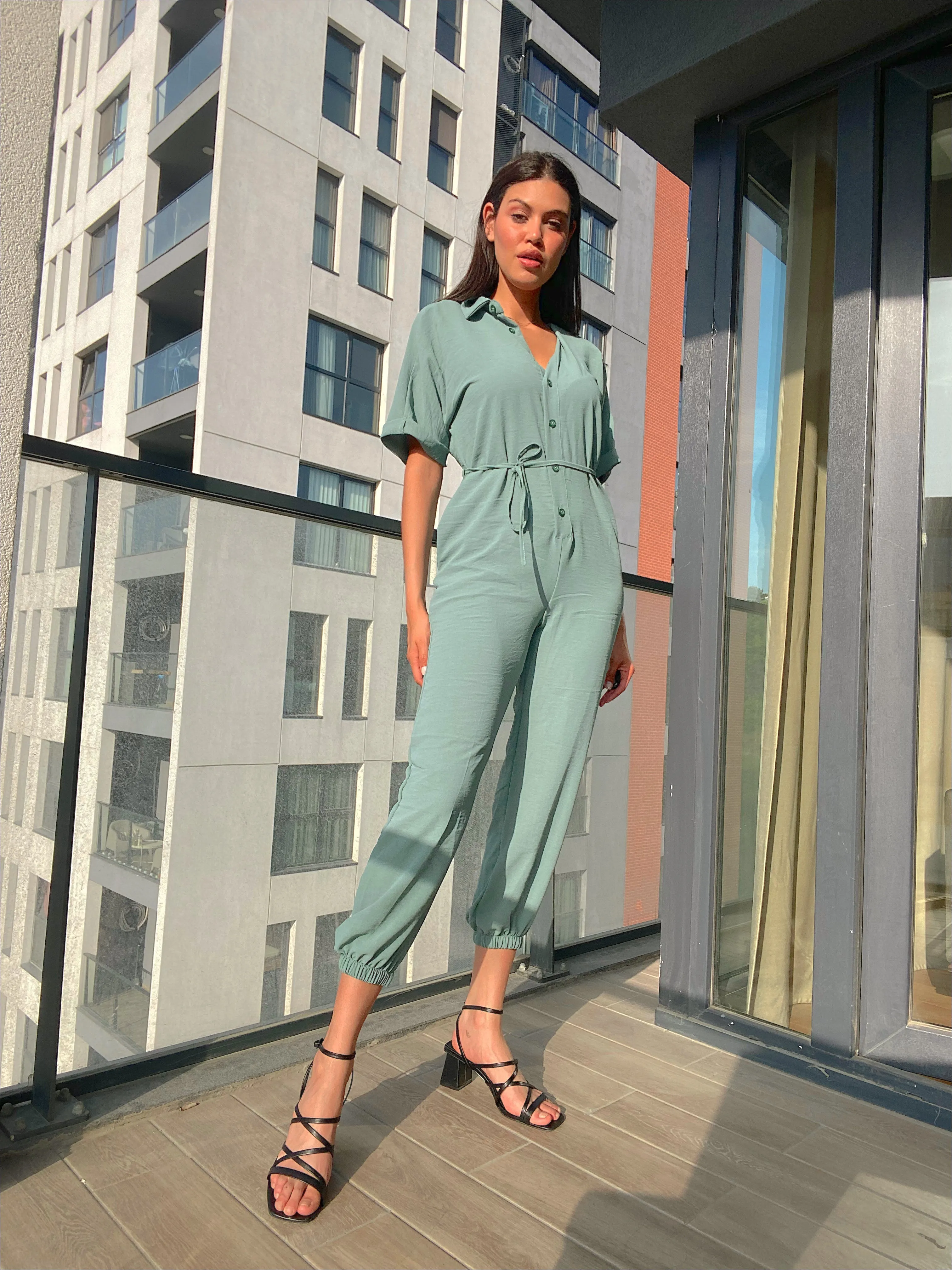 Light Green Belted Shirt Jumpsuit