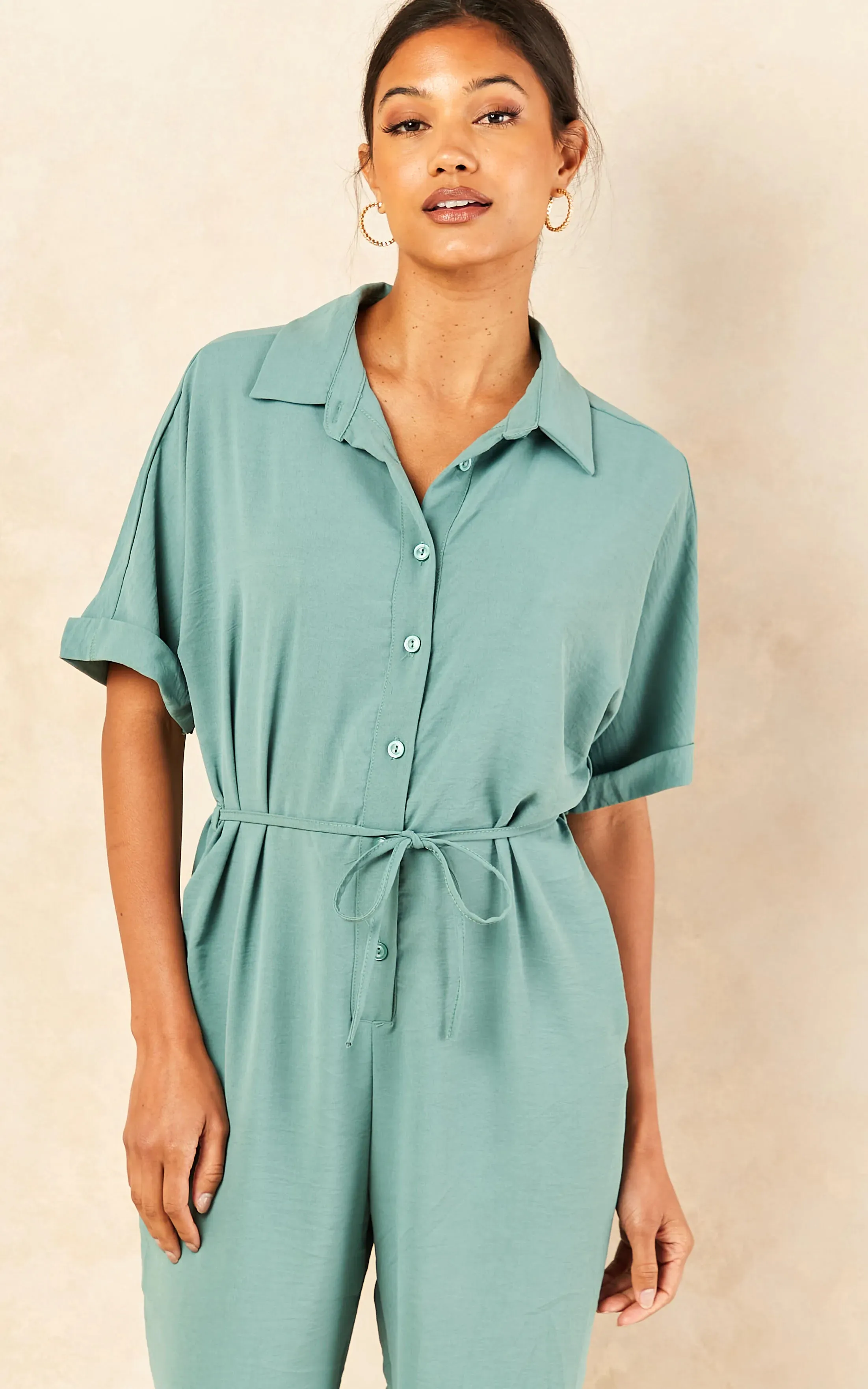 Light Green Belted Shirt Jumpsuit